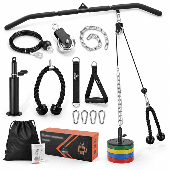 Cable Pulley System Gym Power Rack Attachment with Aluminium Alloy Pulley, 2-in-1 Lat Pull Down Bar