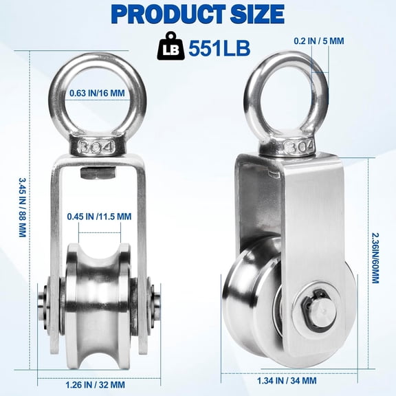 Cable Pulley Wheel Stainless Steel, 8 Pack M34 Single Pulley Snatch Block, Heavy Duty Lifting Crane Swivel Hook, Bearing Inside Rope Pulleys for Lifting System Gym Equipment Clothesline, 551 lbs Load