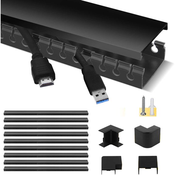 Cable Raceway Kit, Cable Management System Open Slot Wiring Raceway Duct with Cover, On-Wall Concealer Organizer for Cable Pass to Hide Wires Cords for TVs, Computers - 9x15.4inch, Black