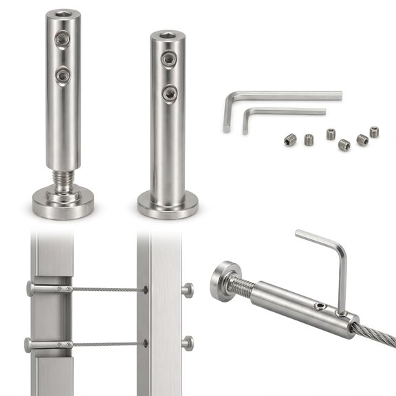 Cable Railing Kit, 10 Pairs, 1/8 Inch | Swageless, Invisible Tensioner and Terminal Hardware, For 2x2 Metal Post, Front Adjustable Flush Fitting