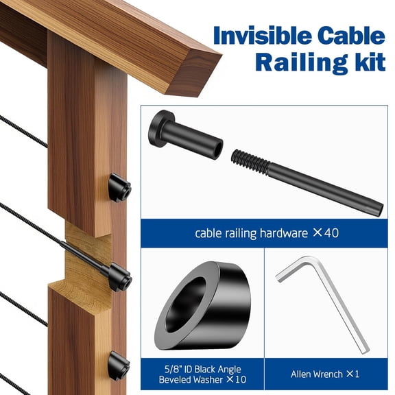 Cable Railing Kit, 40 PCS 1/8" Black Stainless Steel Invisible Receiver and Swage Stud End & 10 PCS 5/16" ID Black Angle Washers for Cable Railing, Cable Railing Hardware for Wood/Metal Post, Wrench