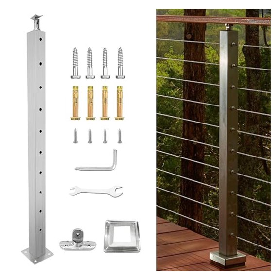 Cable Railing Post 42" x 2" x 2",Level Deck Stair Post Cable Handrail Post,Stainless Steel Deck Railing Pre-Drilled Pickets with Adjustable Top Cable Railing Post (Brushed Silver 1 Pack)