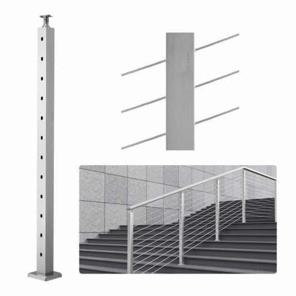 Cable Railing Post, 42" x 2" x 2" Steel 30 Angled Hole Stair Railing Post, 12 Pre-Drilled Holes, SUS304 Stainless Steel Cable Rail Post with Horizontal and Curved Bracket, 1-Pack, Silver
