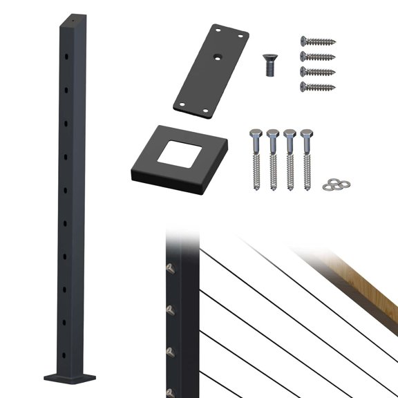 Cable Railing Post Stair Deck Post W/Pre-Drilled Holes 36"x2"x2"x0.08" Black