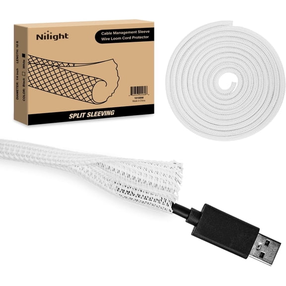 Cable Sleeve,10ft-1/4inch Cord Management Sleeves, Braided Sleeving, Split Self Wrapping Wire Loom for Computer Electrical Automotive Harness Protector Organizer, White