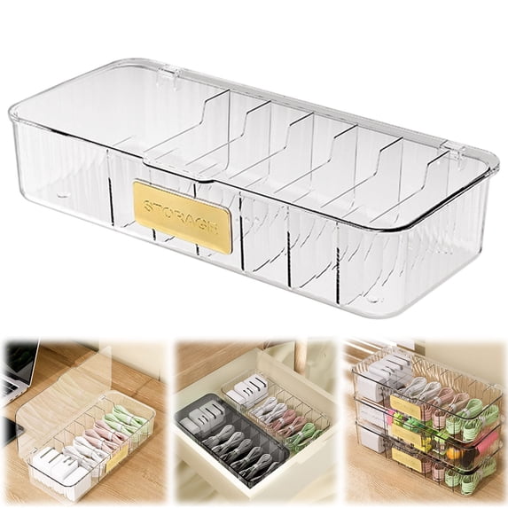 Cable Storage Organizer Box, Clear Plastic Charger Cord Organizer, Stackable Cable Management Box with Dividers, Multi-Use Storage Case for Desk Drawer, Home, Office, Electronic Accessories