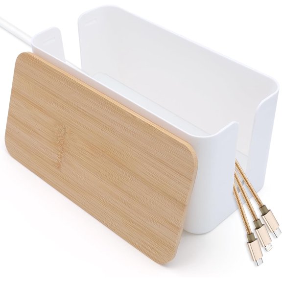 Cable Tidy Box White Cable Box with Bamboo Lid Cable Organiser Cable Management Box for Hiding Cables and Plugs