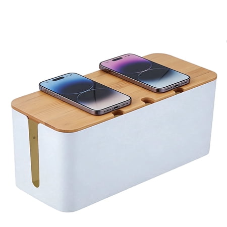 Cable Tidy Box with Wood Lid – Medium 3-Hole Cord Organizer, 5.4" x 12.6" x 5", Hide Wires from Kids & Pets, Home Office Desk Cable Management, White