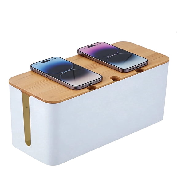 Cable Tidy Box with Wood Lid – Medium 3‑Hole Cord Organizer, 5.4" x 12.6" x 5", Hide Wires from Kids & Pets, Home Office Desk Cable Management, White