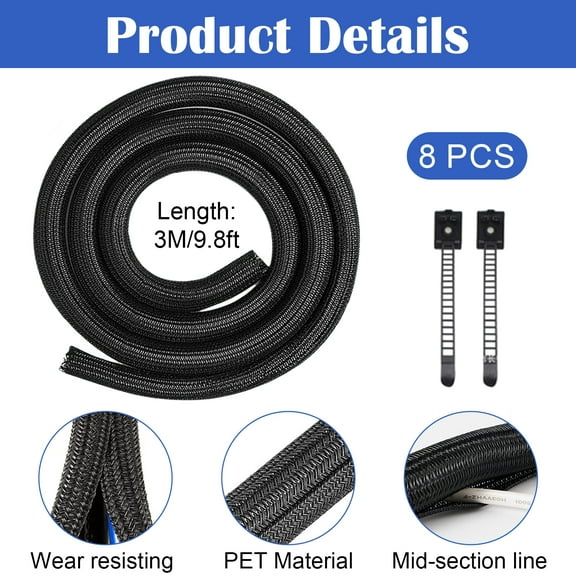 Cable Tidy Sleeve (Length 9.8ft, Diameter 8-20mm) with 8Pcs Self Adhesive Cable Ties, Braided Cable Management for Desk, TV, Computer, PC, Cable Protector Animal from Chewing Cords