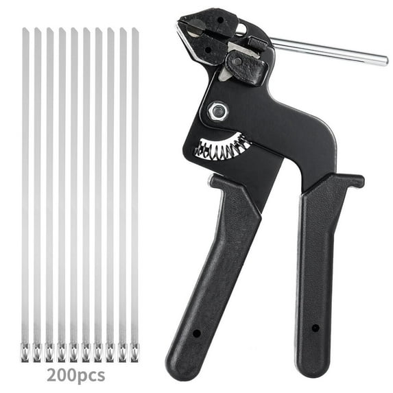 Cable Tie Gun Tool Kit, Metal Cable Zip Ties Tensioning and Cutting Tool with 200pcs Zip Ties, Metal Zip Tensioner with Built-in Cutter for Outdoor and Indoor Use