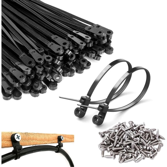 Cable Ties Black with Screw Hole with 100 Screws 4 x 18, Cable Clamps for Screwing with Attachable Head, Cable Clamps Wall with Cable Ties, Cable Holder for Cable Attachment (100, Black, 200 mm)