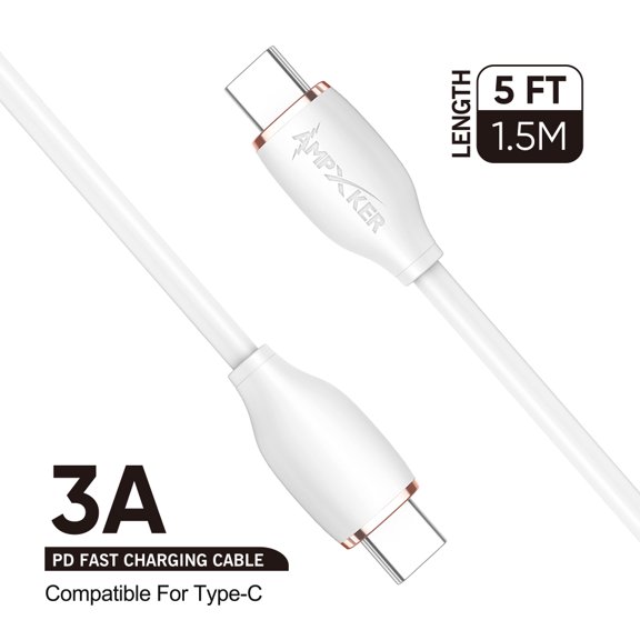 Cable for Type C to Type C (5FT /1.5M) 3A PD Fast Charging Thick TPE Cable Charger Data Transfer Cord for Android /ios /Type-C [Type C - Type-C] White / Rose Gold
