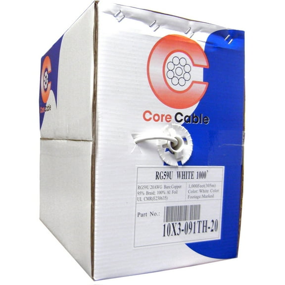 Cable Wholesale Plenum Bulk RG59 Coaxial Cable, White, CMP, 20 AWG, Pullbox, 1000 foot