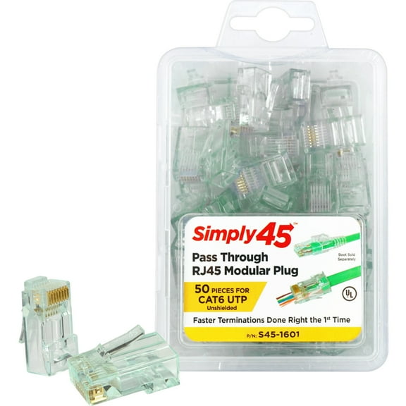 Simply45 Cat6 Pass Through RJ45 Crimp Connectors, Solid 23AWG/Stranded 26-24AWG, Green Tint, Clamshell 50 pieces
