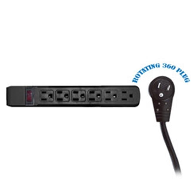 Cable Wholesale Surge Protector, Flat Rotating Plug, 6 Outlet, Black Horizontal Outlets, Plastic, Power Cord 15 foot