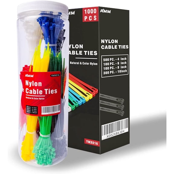 Cable Zip Ties1000 Pack colored zip ties Assorted Sizes 4, 6, 8 and 10 inches with a plastic storage jarMulti-Purpose Self-Locking Nylon Cable Ties Cord Management Ties,Wire Ties for Home,Office
