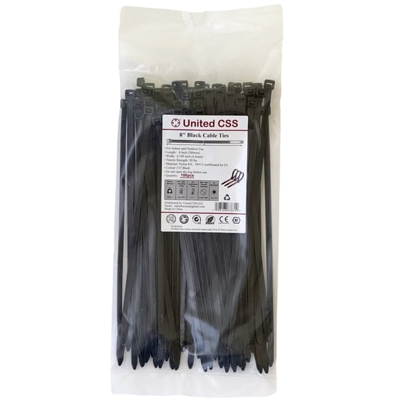 Cable Zip Ties 8inch Black, 100pcs, 50Lbs Tensile Strength by United CSS