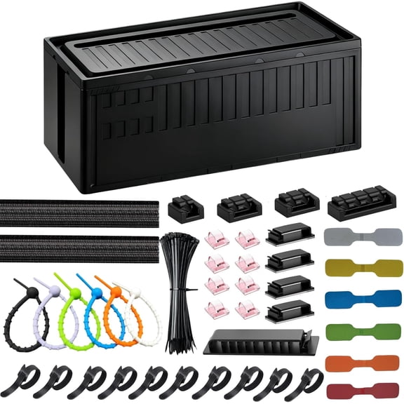 Cable box - [142-piece] cable management set, medium-sized cable hide box for hiding power strips on desktops or floors, under-desk cable management set cable, TV cable, black