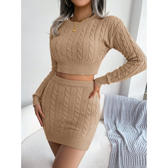 Cable knit top and skirt set (S, Beige)