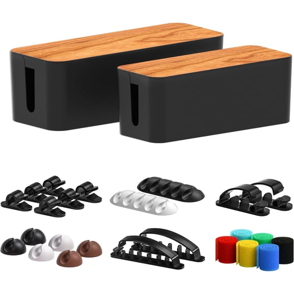Cable management box 2-piece set with 16 cable clips set - large, medium, small wooden style cable organizer box hides wires and power strips | cable organizer box | home and office cable organizer [
