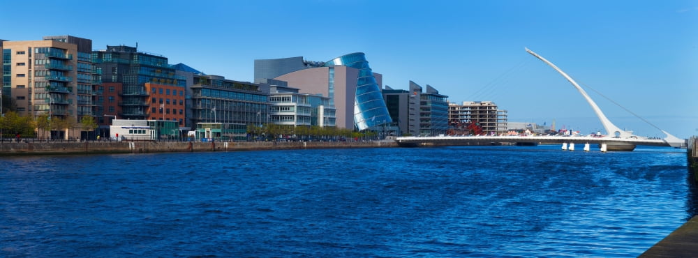 Cable stayed bridge across a river Convention Centre Dublin Samuel Beckett Bridge River Liffey Dublin Republic Of Ireland Canvas Art - Panoramic Images (27 x 9)