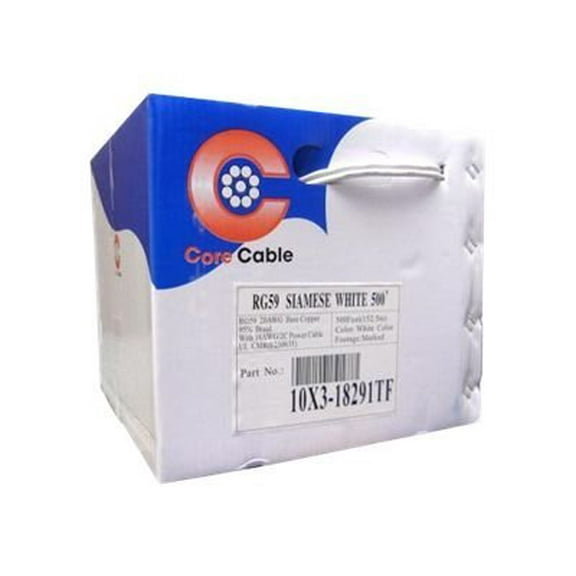 Bulk RG59 Siamese Coaxial/Power Cable, White, Solid Core (Copper) Coax, 18/2 (18 AWG 2 Conductor) Stranded Copper Power, Pullbox, 500 foot