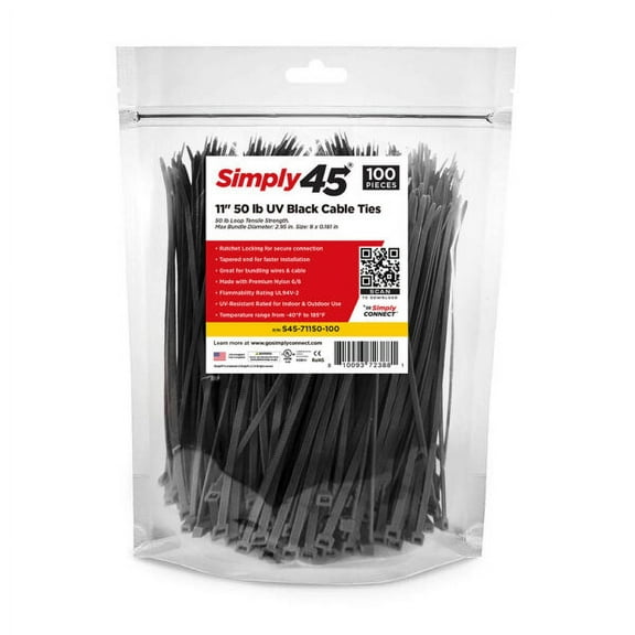 UV Rated Cable Ties, Black, 50lb Strength, 11-inch, 100 Pack, Nylon Cable Ties for Outdoor Use