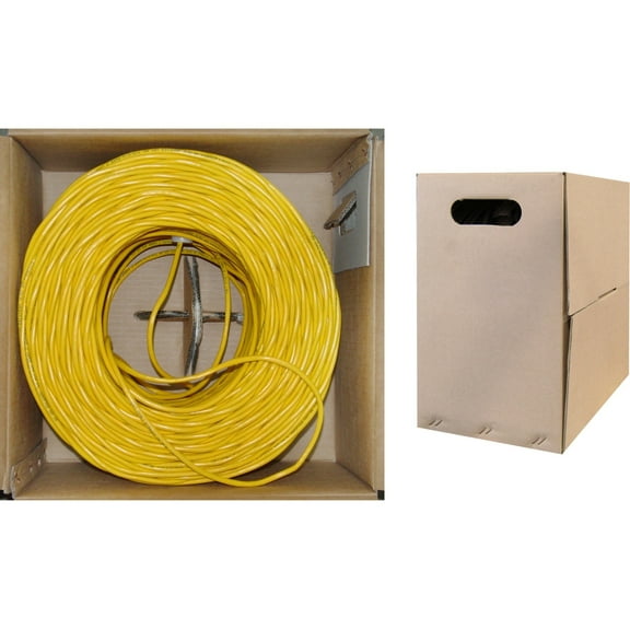 1000 Foot Bulk Cat5e Plenum Rated (CMP) Ethernet Cable, 4 Pair Solid Bare Copper, UTP (Unshielded Twisted Pair) with PullBox, CableWholesale Yellow