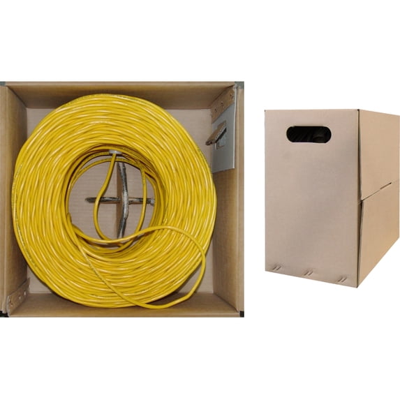 1000 Foot Bulk Cat5e Riser (CMR) Ethernet Cable, 24 AWG, 350 Mhz, ETL Listed 4 Pair Stranded Bare Copper, Unshielded Twisted Pair(UTP) with Pull Box, Yellow, CableWholesale