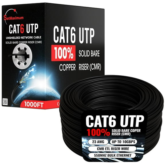 Cables Direct Online 1000FT Cat6 Solid Bare Copper 23AWG Bulk Ethernet Cable, CMR ETL Riser, 550MHz POE (Power Over Ethernet) Wire – Black