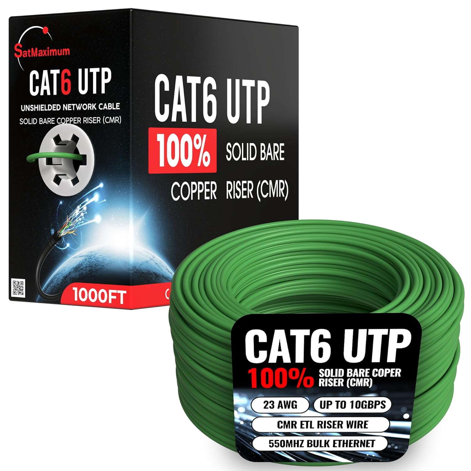 Cables Direct Online 1000FT Cat6 Solid Bare Copper 23AWG Bulk Ethernet Cable, CMR ETL Riser, 550MHz POE (Power Over Ethernet) Wire – Green