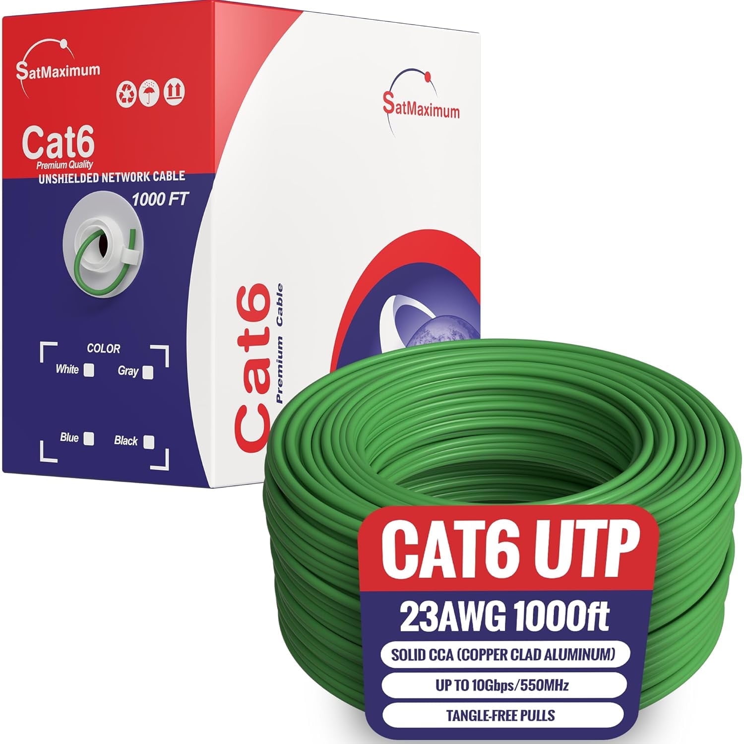 Cables Direct Online 1000ft Cat6 Ethernet Cable Bulk – 23AWG Solid CCA UTP, Unshielded, 550MHz, Pull Box, LAN Network Wire, RJ45 Compatible, Indoor Use, High-Speed Internet, Green