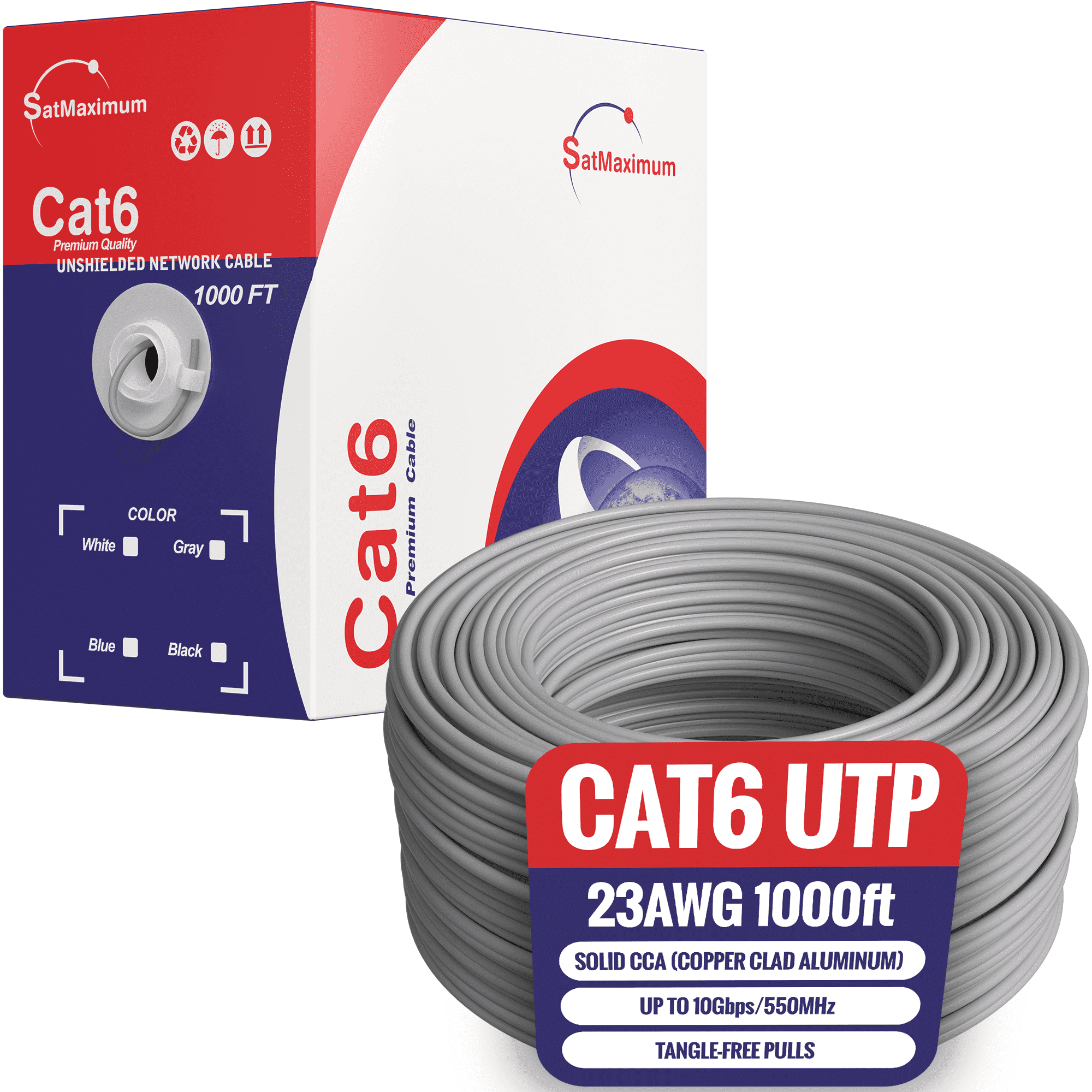 Cables Direct Online 1000ft Cat6 Ethernet Cable Bulk – 23AWG Solid CCA UTP, Unshielded, 550MHz, Pull Box, LAN Network Wire, RJ45 Compatible, Indoor Use, High-Speed Internet, Grey