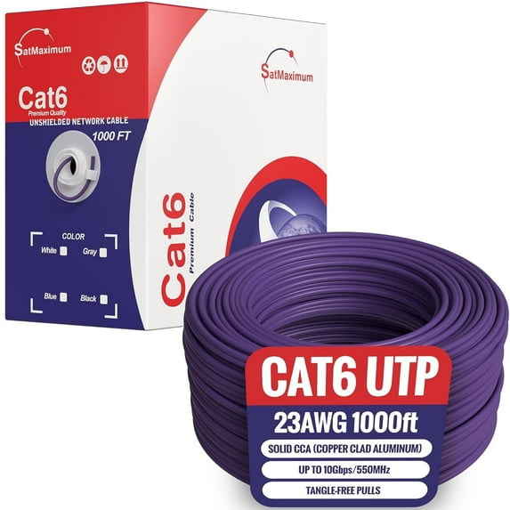 Cables Direct Online 1000ft Cat6 Ethernet Cable Bulk – 23AWG Solid CCA UTP, Unshielded, 550MHz, Pull Box, LAN Network Wire, RJ45 Compatible, Indoor Use, High-Speed Internet, Purple