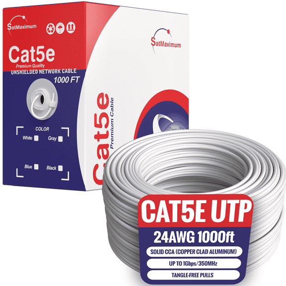 Cables Direct Online 1000 ft Plenum Cat5e White 24 AWG Solid CCA Ethernet Cable Bulk Pull Box – CMP UTP Network LAN Wire 350 MHz Gigabit PoE