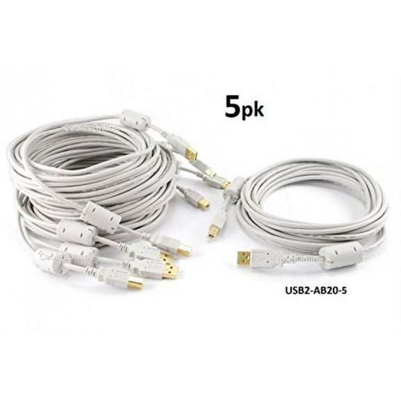 CablesOnline 20 Feet Hi-Speed USB 2.0 A-Male to B-Male Cable with Two Ferrite Cores, 20-AWG, Gold Plated , Grey (5 Pack) (USB2-AB20-5)