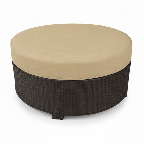 Cabo Large Round Ottoman Foot Rest with Jacobean Flat Wicker Frame and Sunbrella Seat Cushion, Durable Weather-Resistant Indoor Outdoor Furniture for Seating (34" L x 34" W x 13" H)