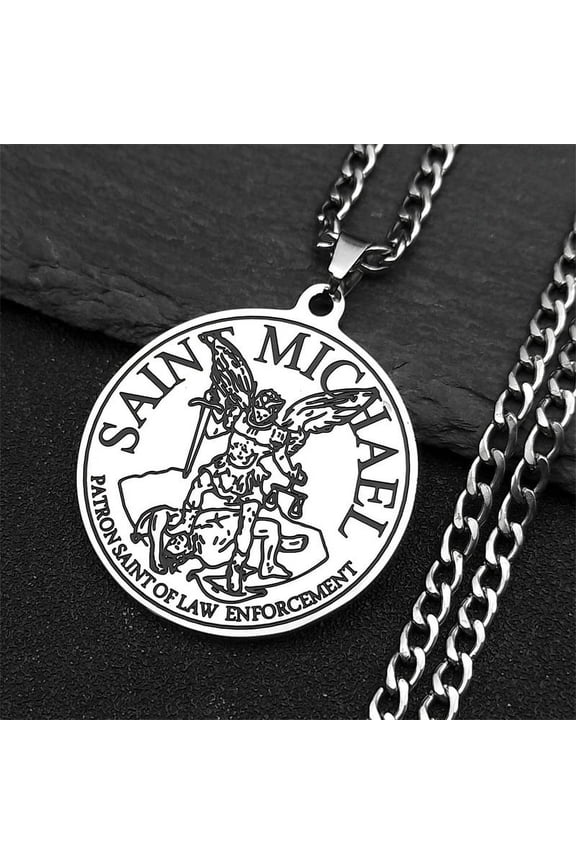 Cabochon Necklace14K White Gold Archangel St.Michael Protect Me Saint Shield Protection Charm Orhodox Pendant Jewelry