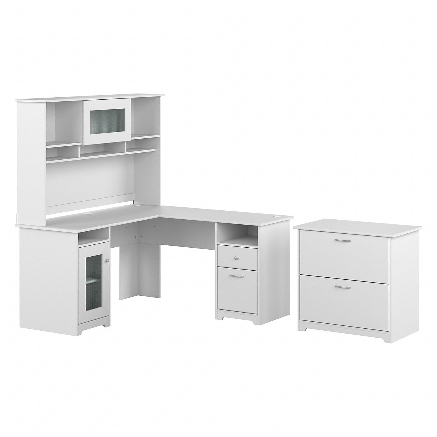 Cabot 60W L Desk with Hutch and Lateral File Cabinet in White ...