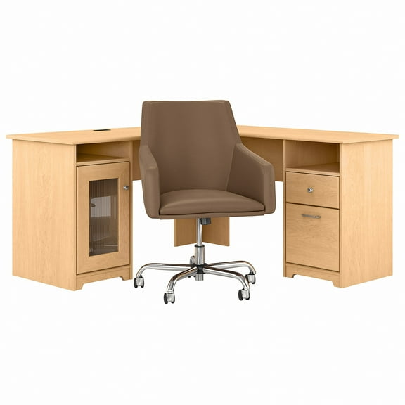 Cabot 60W L Desk with Mid Back Leather Box Chair, includes File and Box Drawer with Storage in Natural Maple