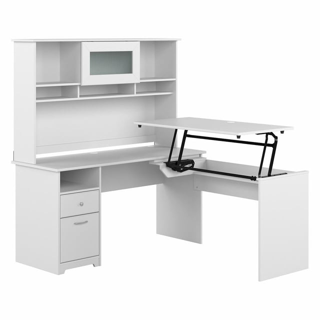 Cabot 60W Sit to Stand L Desk with Hutch in White - Engineered Wood ...