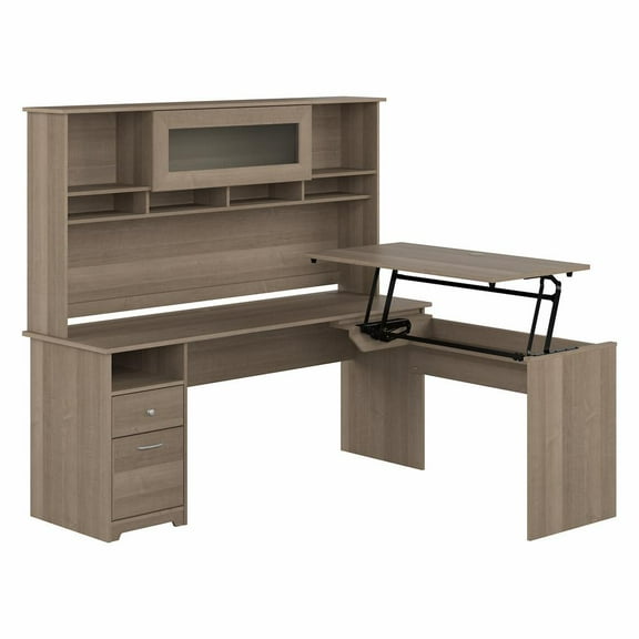 Cabot 72W Sit to Stand L Desk with Hutch in Ash Gray - Engineered Wood