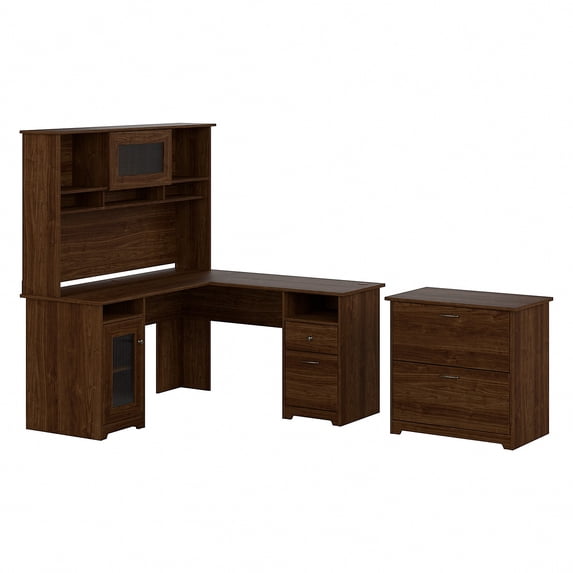 Cabot L Desk with Hutch & File Cabinet in Modern Walnut - Engineered Wood