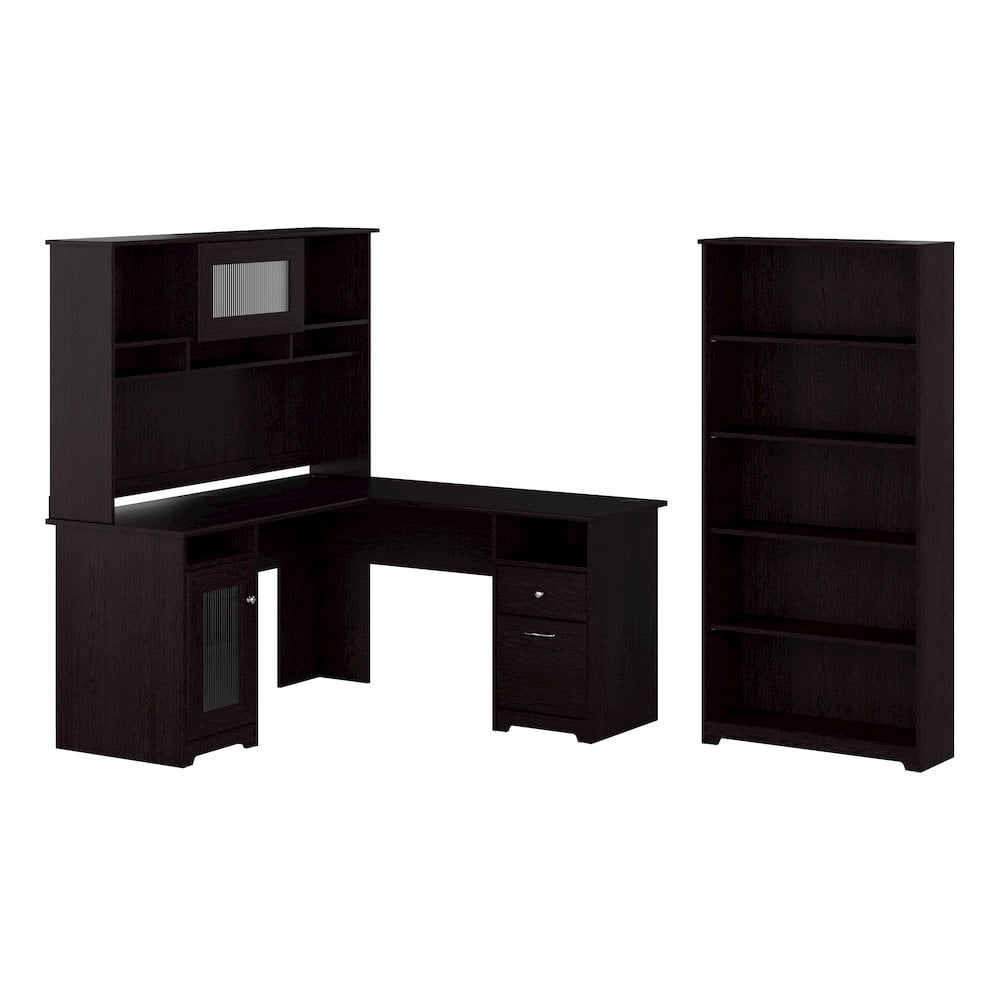 Cabot L Desk with Hutch and 5 Shelf Bookcase in Espresso Oak - Engineered Wood