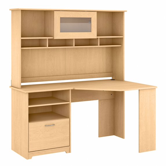 Cabot Modern Corner Desk with Hutch, includes File Drawer and Storage Shelves in Natural Maple