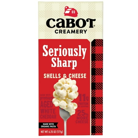 Cabot Seriously Sharp White Cheddar Macaroni & Cheese Shells with Organic Pasta, 6.25 oz Box, Shelf-Stable