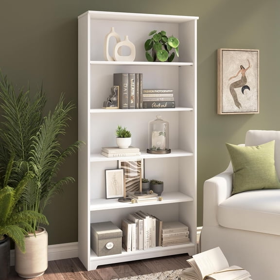 Cabot Tall 5 Shelf Bookcase, White Engineered Wood Display Cabinet for Living Room Office