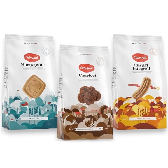 Cabrioni 3 Pack Variety Cookies- Italian Cookies Rustici Integrali, Capricci & Montagnole with Authentic Flavor - Soft Tea Biscuits Ideal for Any Occasion - Enjoy Gourmet Desserts Anytime - 22.9oz