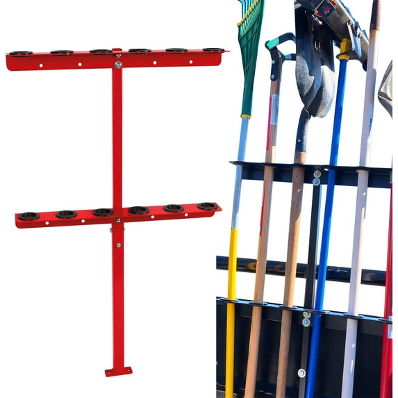 Cabtherlyn Landscape Hand Tool Rack for Truck Trailer, Vertical Hand Rack for Landscaping, Garage or Shed Walls Holds, 6 Tools for Shovels,Rakes,Hoes RED
